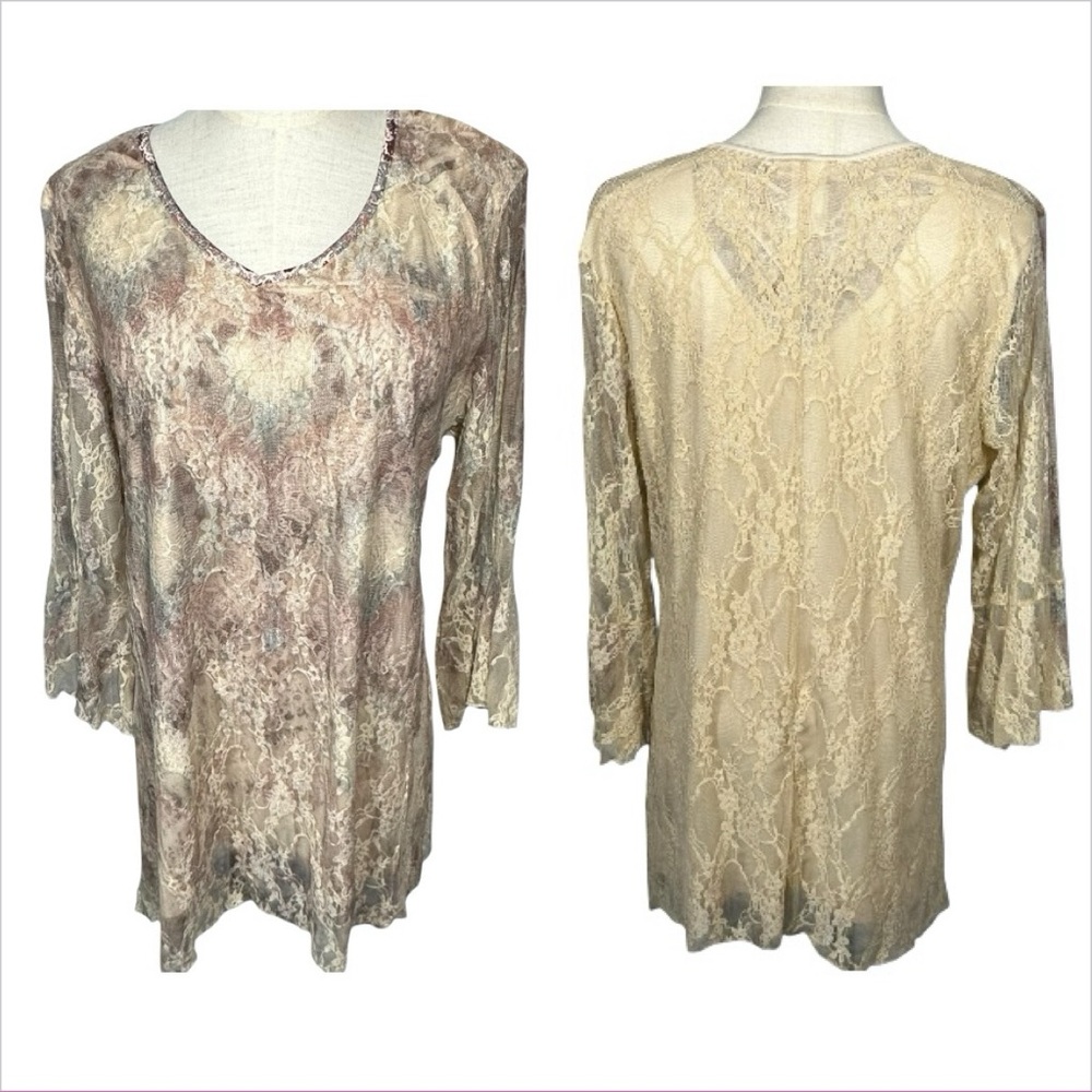 Brittney Black Lace Overlay‎ Tunic Top Sz 2X Boho Bell Sleeve Boho Stretch Flowy
